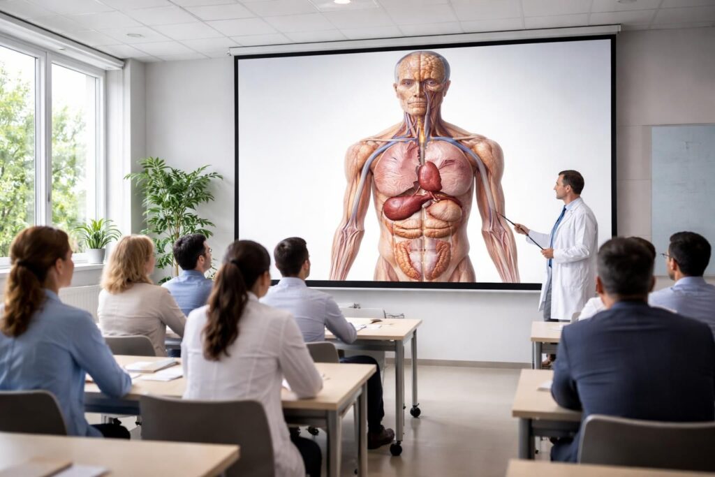 découvrez comment l'éducation thérapeutique utilise l'anatomie projetée en grand sur écran pour faciliter l'apprentissage et améliorer la compréhension des patients.