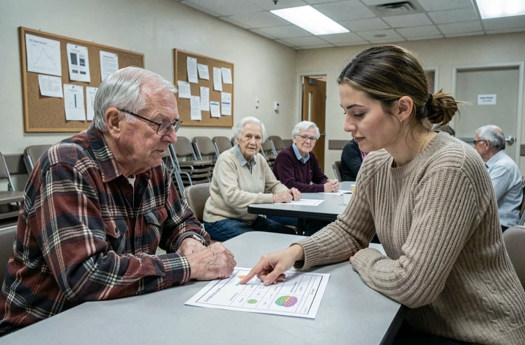 Un bénévole aidant un groupe de seniors lors d'une activité cognitive dans un centre communautaire, représentant le rôle des liens intergénérationnels dans la préservation de la mémoire