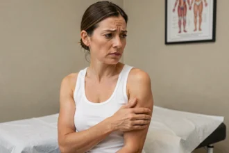 Femme examinant une boule sous son aisselle lors d'une consultation médicale
