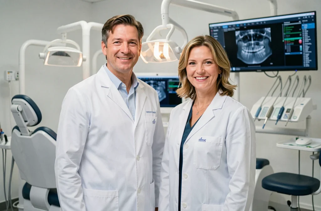 Le Dr Majbruch et le Dr Benarouch du cabinet Le Beau Sourire à Orléans en blouses blanches dans leur cabinet orthodontique