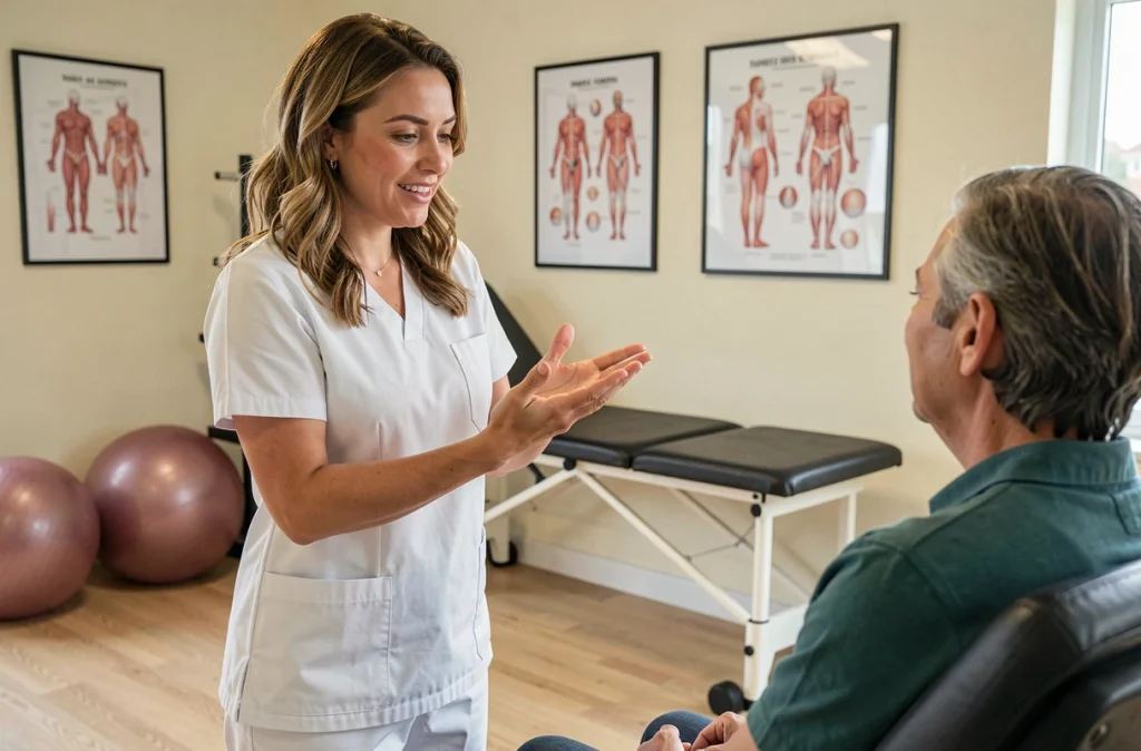 Camille Rodolphe, kinésithérapeute à Quimper, expliquant un exercice thérapeutique à un patient
