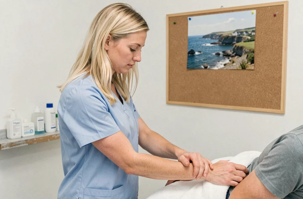 Clémence Inial, kinésithérapeute à Landéda, réalisant un étirement du membre supérieur sur un patient