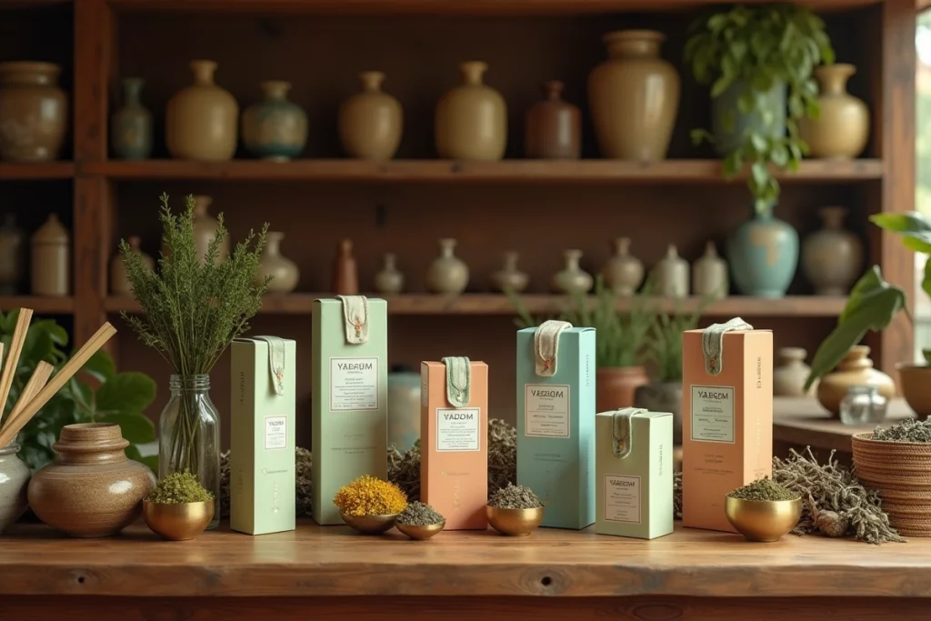 Collection de yadom thaïlandais exposés dans une pharmacie traditionnelle en Thaïlande