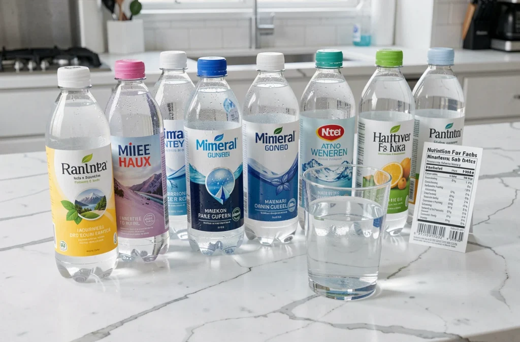 Comparaison de différentes bouteilles d'eau minérale sur un plan de travail en marbre pour illustrer le choix de l'eau adaptée aux reins
