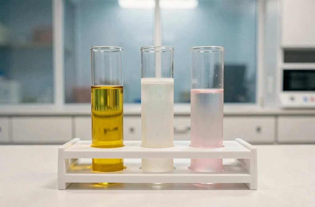 Comparaison de trois tubes de sérum sanguin montrant un sérum clair, trouble et opalescent dans un rack de laboratoire clinique
