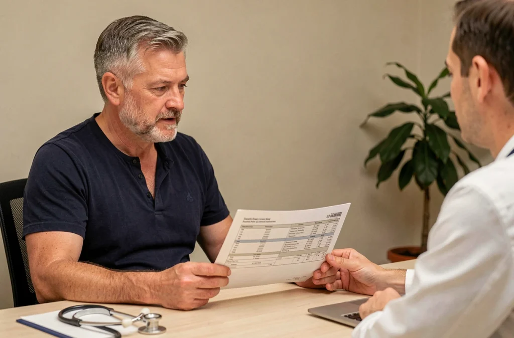 Patient homme discutant d'un taux de gamma-glutamyl transférase élevé avec son médecin lors d'une consultation médicale