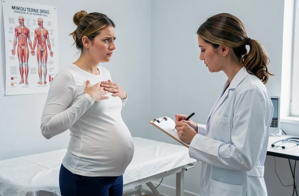 Femme enceinte consultant un médecin pour des douleurs intercostales lors d'une visite médicale prénatale