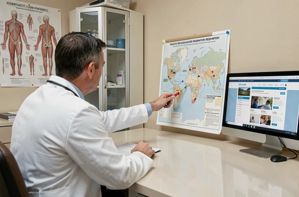 Médecin conseillant un patient sur les vaccins obligatoires et recommandations sanitaires avant voyage