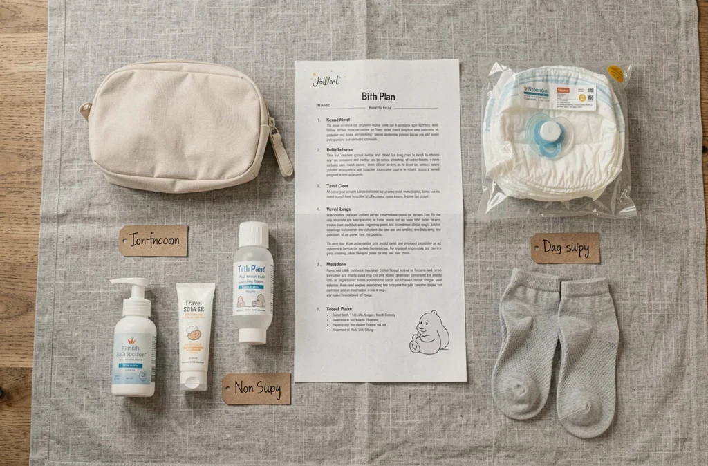 Vue à plat des essentiels à mettre dans la valise de maternité soigneusement organisés sur une surface en lin gris