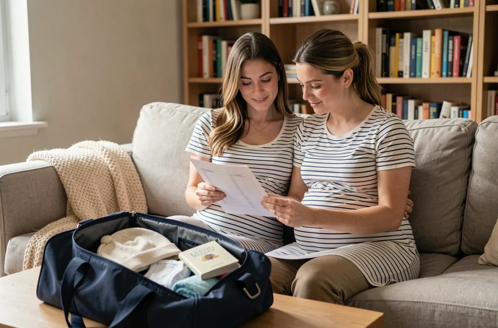 Couple attendant un bébé qui vérifie ensemble la liste de la valise de maternité dans leur salon