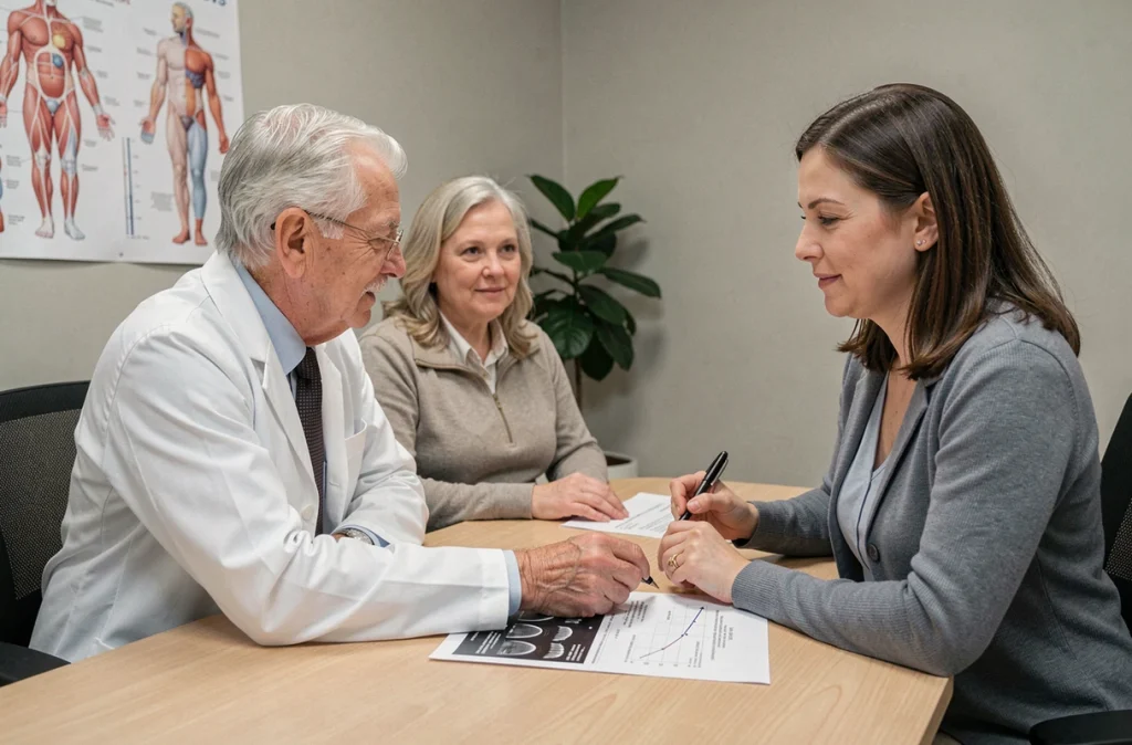 Couple de seniors consultant une médecin au sujet des troubles du sommeil, montrant l'importance d'un suivi médical pour la santé globale après 65 ans