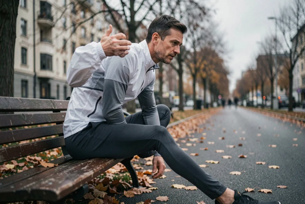 Coureur s'étirant sur un banc en plein air en automne, symbolisant la récupération physique face au stress et au surentraînement