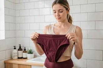 Femme tenant une culotte menstruelle bordeaux en coton bio dans une salle de bain minimaliste, examinant la qualité du tissu absorbant Mademoiselle Culotte