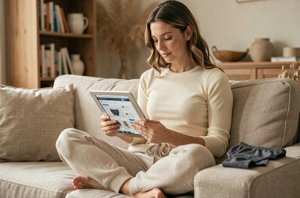 Femme lisant un avis sur sa tablette avec une culotte menstruelle Mademoiselle Culotte posée à côté d'elle sur un canapé beige, bilan usage intensif 2026