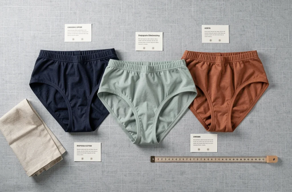Plat posé de trois culottes menstruelles Mademoiselle Culotte en différents coloris sur fond de lin gris, comparaison des modèles pour avis 2026