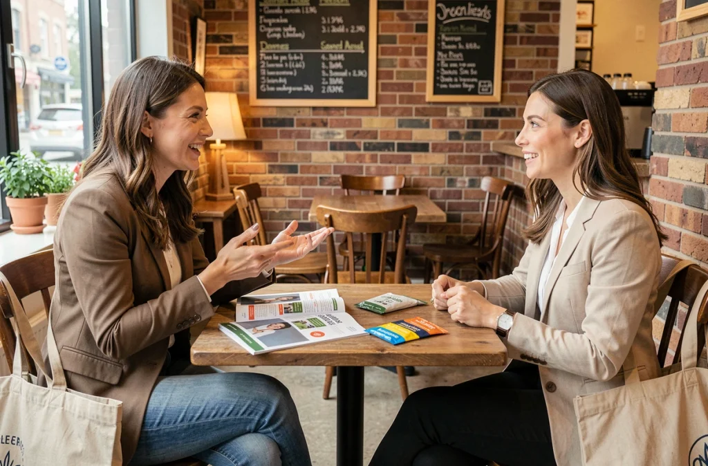 Deux femmes discutant de produits de perte de poids It Works dans un café, présentation commerciale entre amies