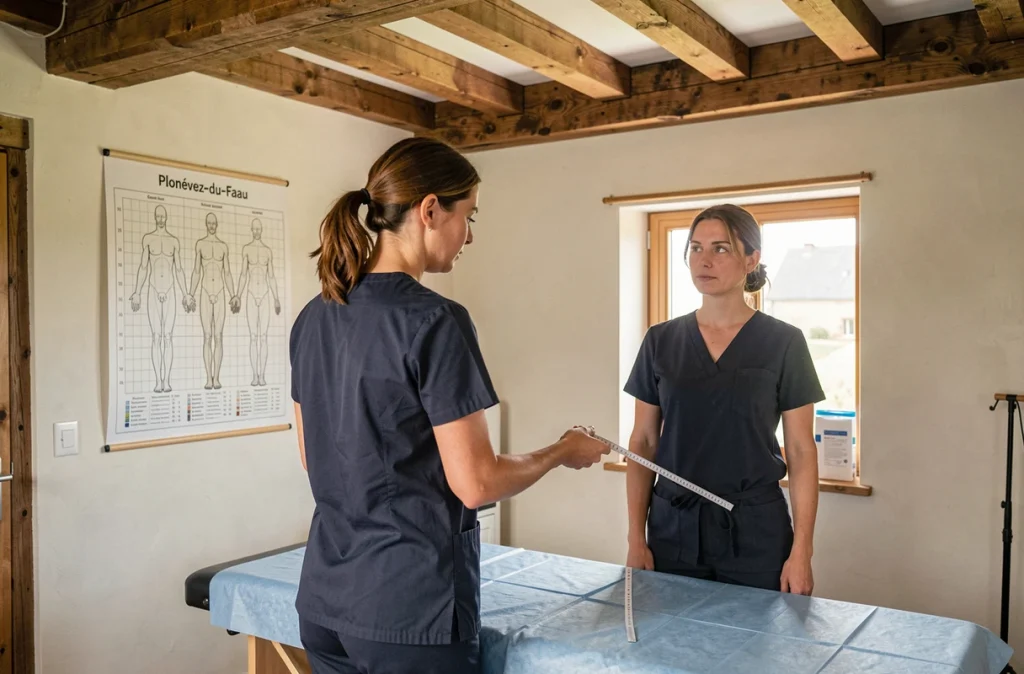 Diane Mell-Dudilieu, kinésithérapeute à Plonévez-du-Faou, effectuant un bilan postural sur un patient