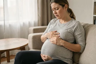 Femme enceinte assise sur un canapé tenant son côté droit en raison d'une douleur intercostale pendant la grossesse