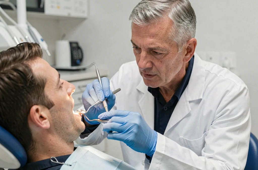 Le Dr Alain Bery, orthodontiste à Tours, examinant les dents d'un patient dans son cabinet moderne