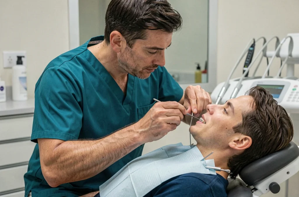 Le Dr Emmanuel Petit, orthodontiste à Vendôme, ajustant un appareil dentaire fixe sur un patient dans son cabinet