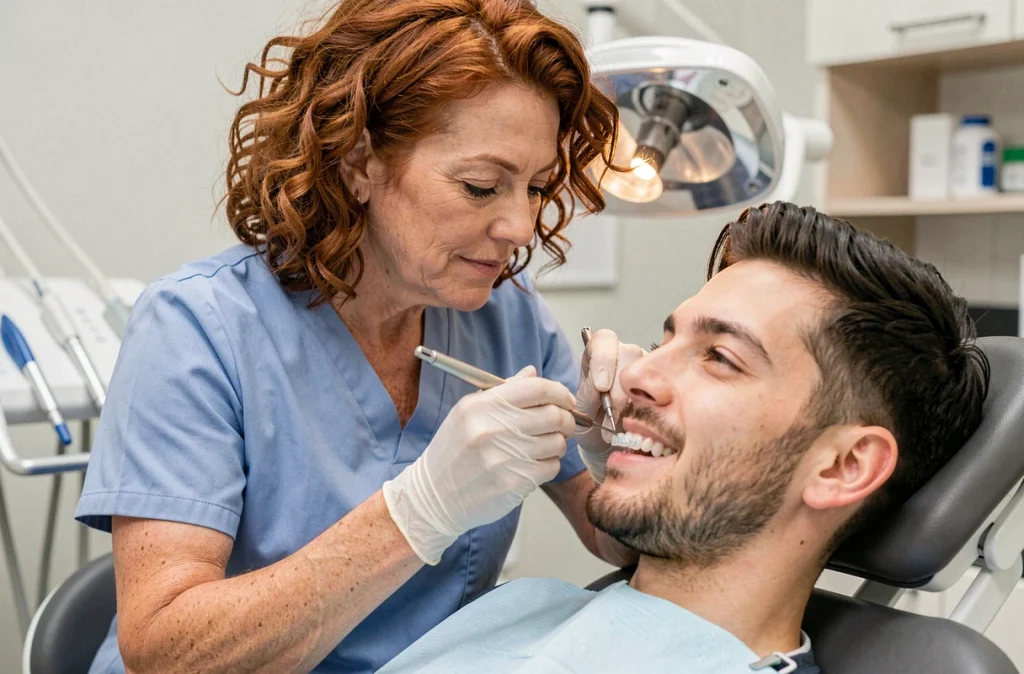 Le Dr Isabelle Ferrand, orthodontiste à Tours, posant des bagues invisibles sur un patient adulte dans son cabinet