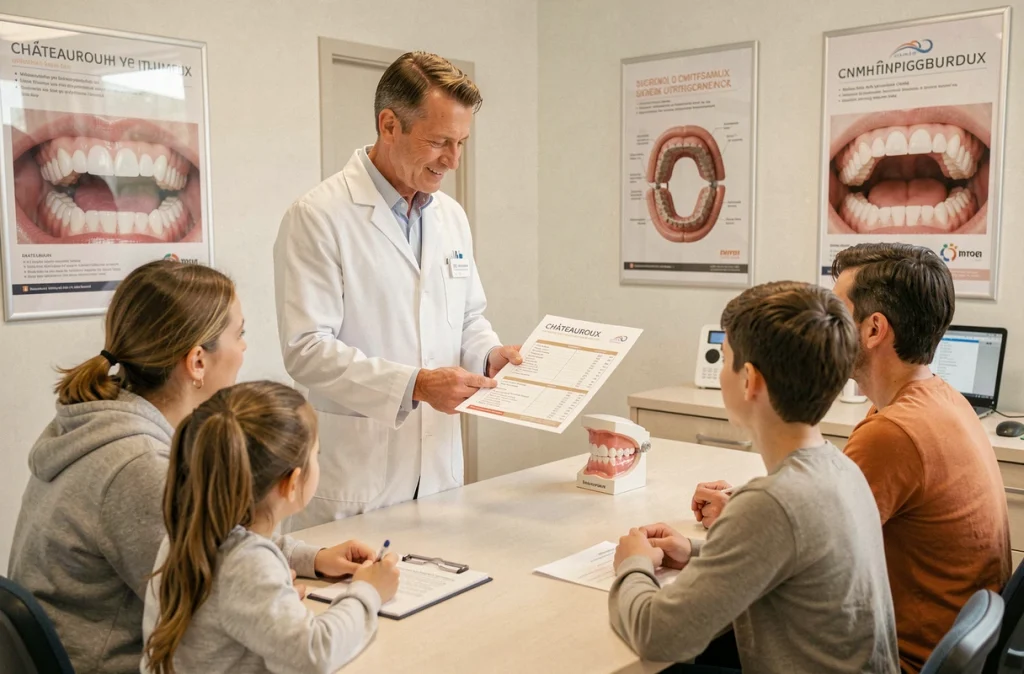 Le Dr Laurent Vasseur, orthodontiste à Châteauroux, présentant un plan de traitement orthodontique à une famille en consultation