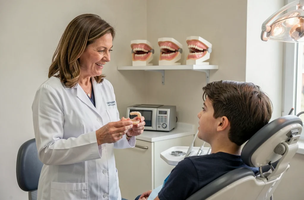 Le Dr Marie-Claude Doineau, orthodontiste à Chartres, présentant des aligneurs dentaires à un patient adolescent