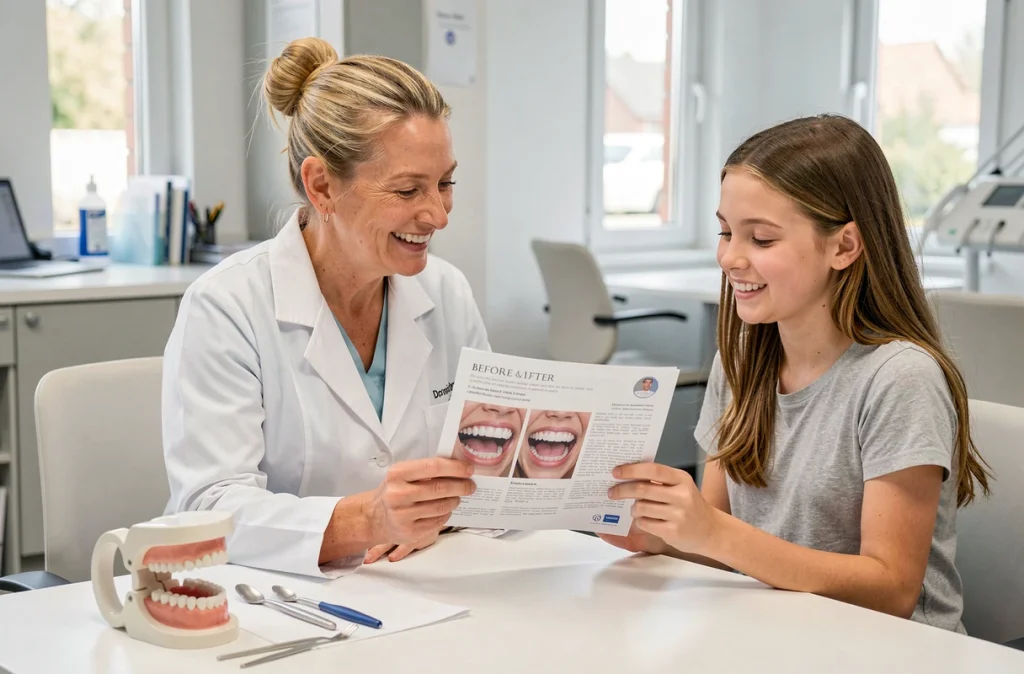 Le Dr Nathalie Morin, orthodontiste à Dreux, montrant des résultats avant-après à une jeune patiente adolescente