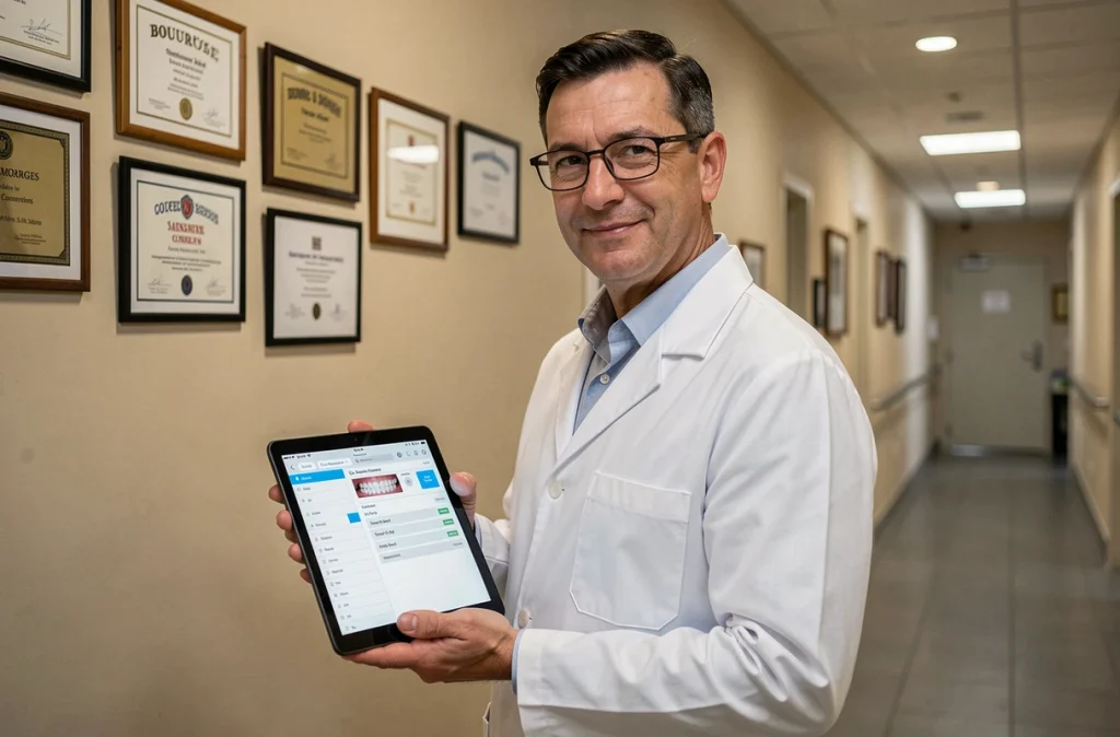 Le Dr Philippe Grenier, orthodontiste à Bourges, tenant une tablette avec des dossiers patients dans son couloir de cabinet