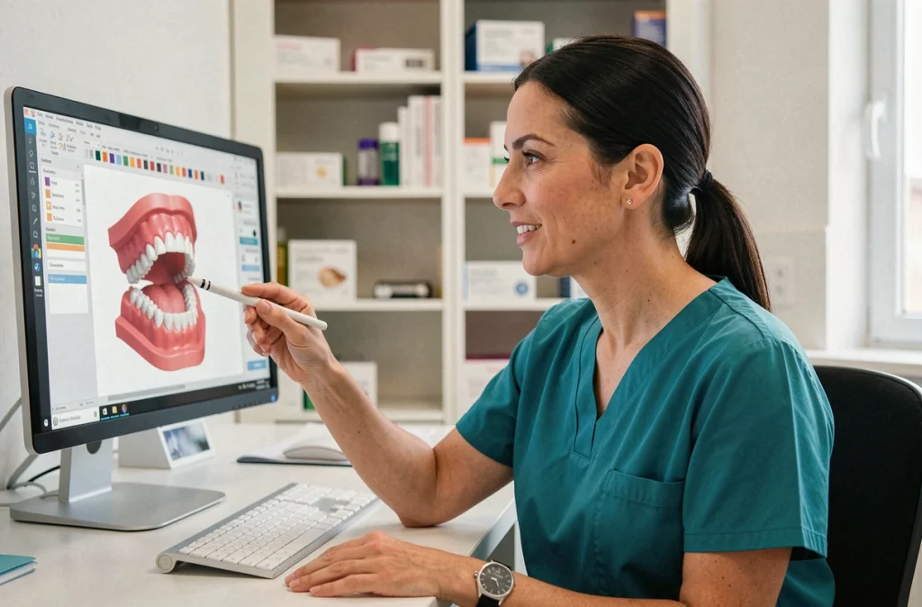 Le Dr Sophie Tran, orthodontiste à Blois, analysant un modèle dentaire 3D numérique dans son cabinet