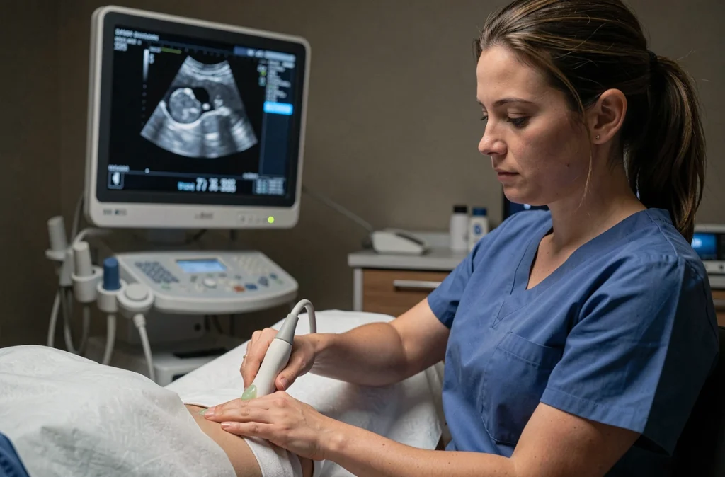 Technicienne en échographie examinant la région de l'aine d'un patient avec une sonde et analysant l'image sur un moniteur médical