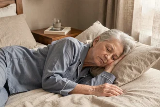 Femme âgée de 70 ans dormant paisiblement dans une chambre confortable, illustrant l'importance du sommeil pour les seniors
