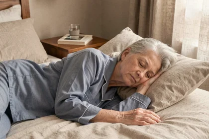 Femme âgée de 70 ans dormant paisiblement dans une chambre confortable, illustrant l'importance du sommeil pour les seniors