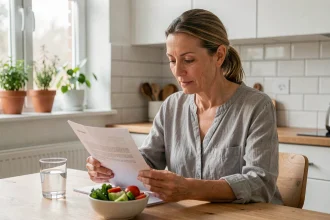 Femme consultant un bilan médical sur la gamma-glutamyl transférase à la cuisine avec un verre d'eau et des légumes frais