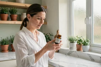 Femme lisant l'étiquette d'un complément alimentaire minceur Glucavit dans une cuisine moderne