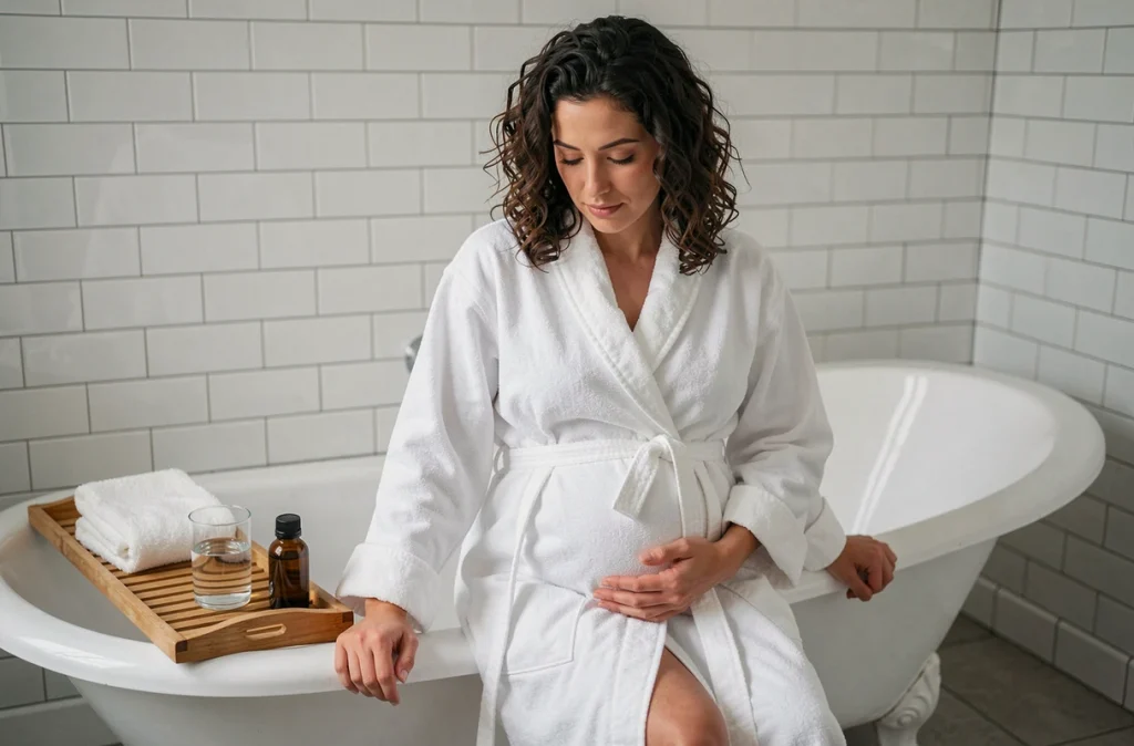 Femme enceinte en robe de bain dans une salle de bain apaisante avec des produits naturels pour soulager l'inconfort