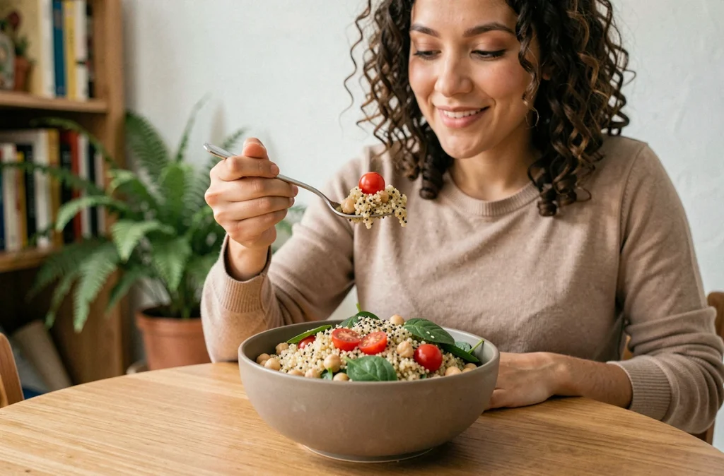 Femme enceinte savourant un bol végétarien nutritif à base de quinoa et légumineuses