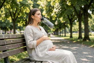 Femme enceinte assise à l'ombre dans un parc en été, buvant de l'eau pour se protéger de la chaleur