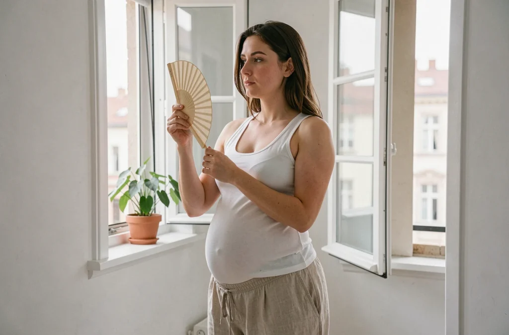 Femme enceinte près d'une fenêtre ouverte en appartement, se rafraîchissant avec un éventail pendant une vague de chaleur estivale