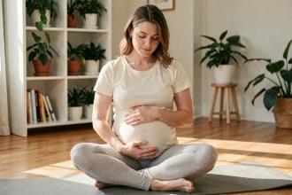Femme enceinte au troisième trimestre pratiquant une posture apaisante sur un tapis de yoga dans un salon cosy