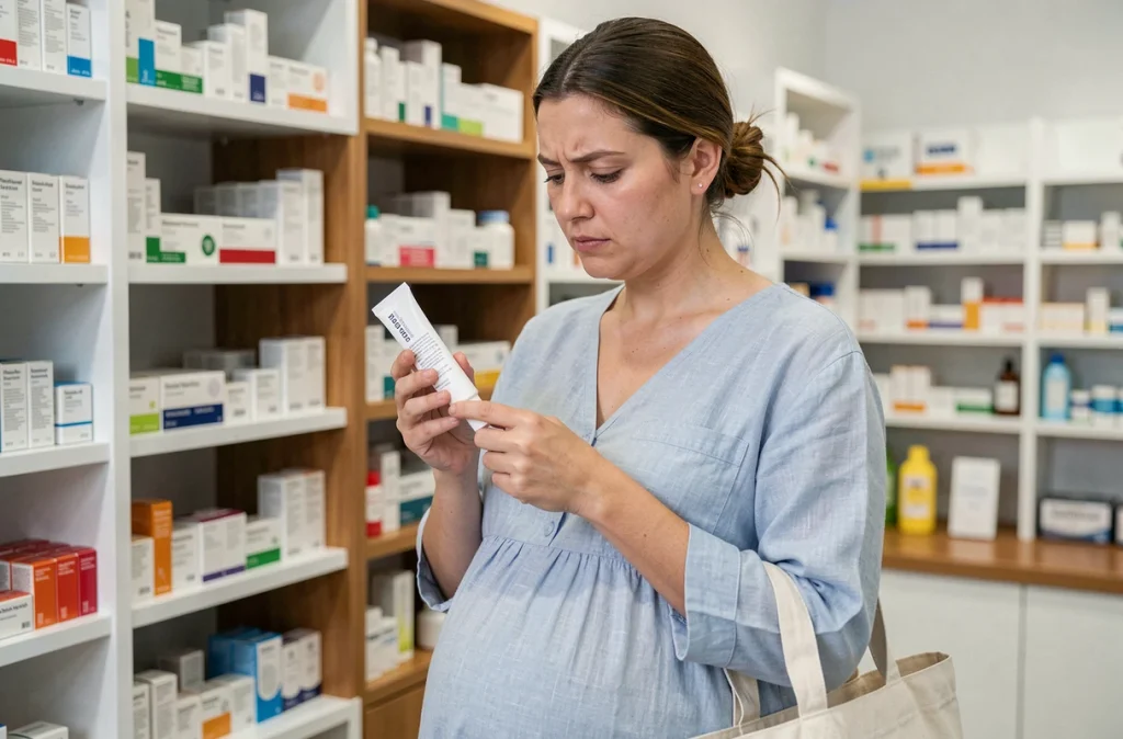 Femme enceinte lisant attentivement l'étiquette d'une crème en pharmacie pour s'assurer de son innocuité