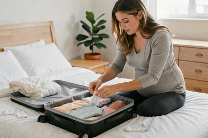 Femme enceinte qui prépare sa valise de maternité en pliant des vêtements de nouveau-né sur un lit