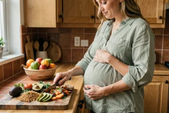 Femme enceinte préparant un repas végétarien équilibré dans une cuisine en bois chaleureuse