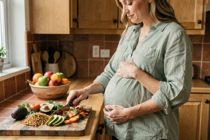 Femme enceinte préparant un repas végétarien équilibré dans une cuisine en bois chaleureuse