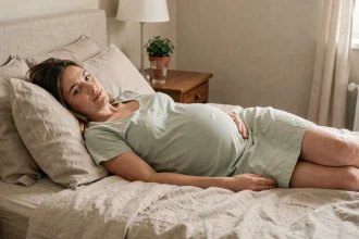 Femme enceinte au troisième trimestre allongée sur le côté avec un coussin de grossesse dans une chambre cosy aux tons neutres