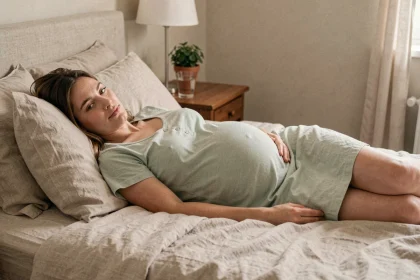 Femme enceinte au troisième trimestre allongée sur le côté avec un coussin de grossesse dans une chambre cosy aux tons neutres