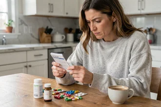 Femme examinant des compléments alimentaires IT Works sur une table de cuisine, expression dubitative face aux produits minceur