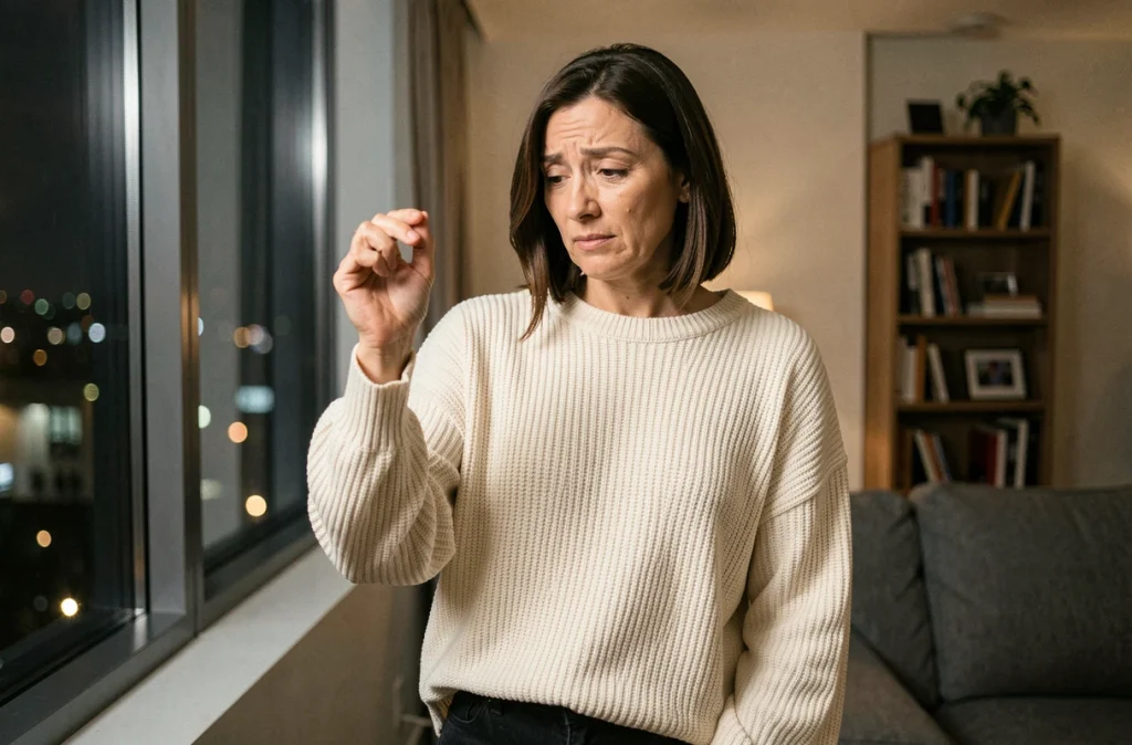 Femme regardant sa main droite qui gratte la nuit, croyance populaire et superstition culturelle