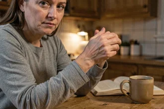 Femme se grattant la main droite la nuit à table, croyance populaire et superstition