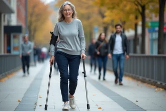 Femme marchant avec une béquille ergonomique moderne en carbone dans une rue urbaine accessible en 2026